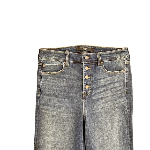 Liverpool LA  button fly mid tone flared frayed hem Blue Jeans size 10/30 - Picture 4 of 8